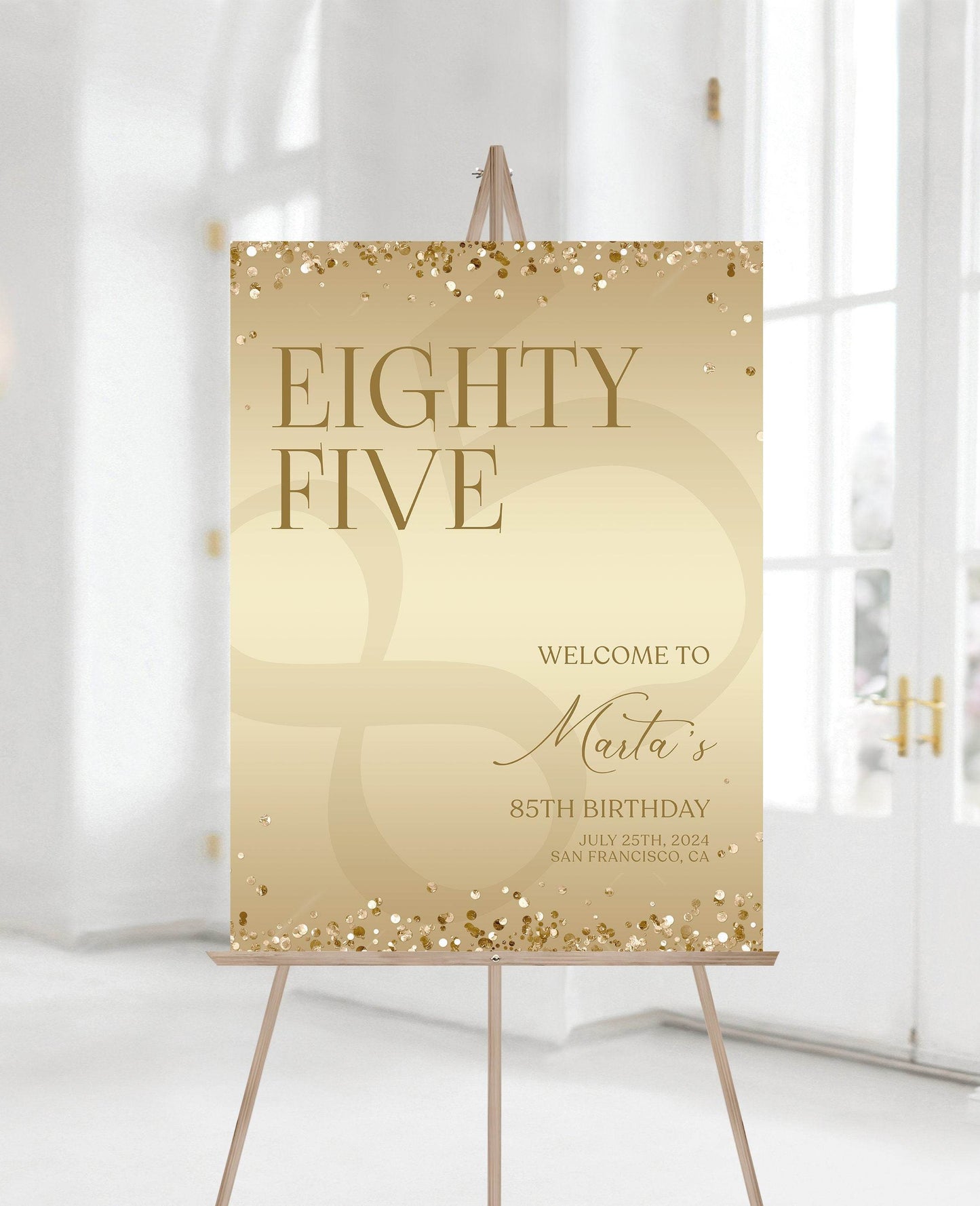 Gold Printable 85th Eighty Five Birthday Welcome Sign Template, Gold Editable Welcome Sign Poster, Luxury Birthday Decoration, Elegant Board