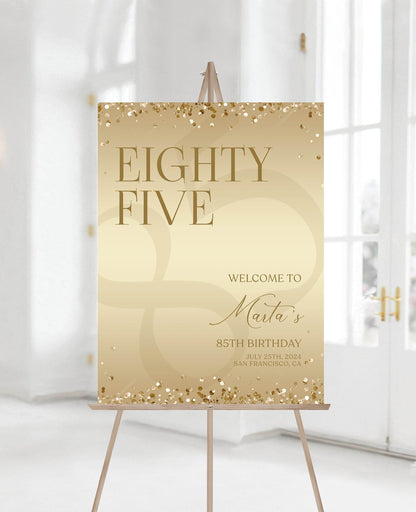 Gold Printable 85th Eighty Five Birthday Welcome Sign Template, Gold Editable Welcome Sign Poster, Luxury Birthday Decoration, Elegant Board