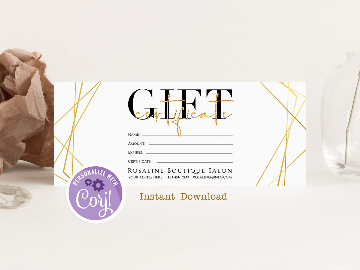 Printable Gold Geometric Gift Certificate Template, Gold Calligraphy Gift Card Template, Gift Voucher Template, Editable Card, Shop Voucher