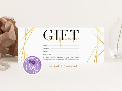 Printable Gold Geometric Gift Certificate Template, Gold Calligraphy Gift Card Template, Gift Voucher Template, Editable Card, Shop Voucher
