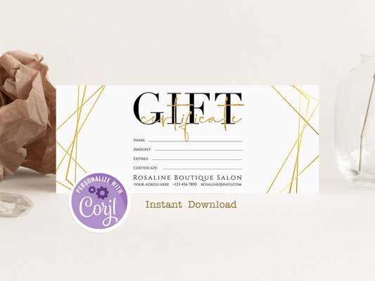 Printable Gold Geometric Gift Certificate Template, Gold Calligraphy Gift Card Template, Gift Voucher Template, Editable Card, Shop Voucher