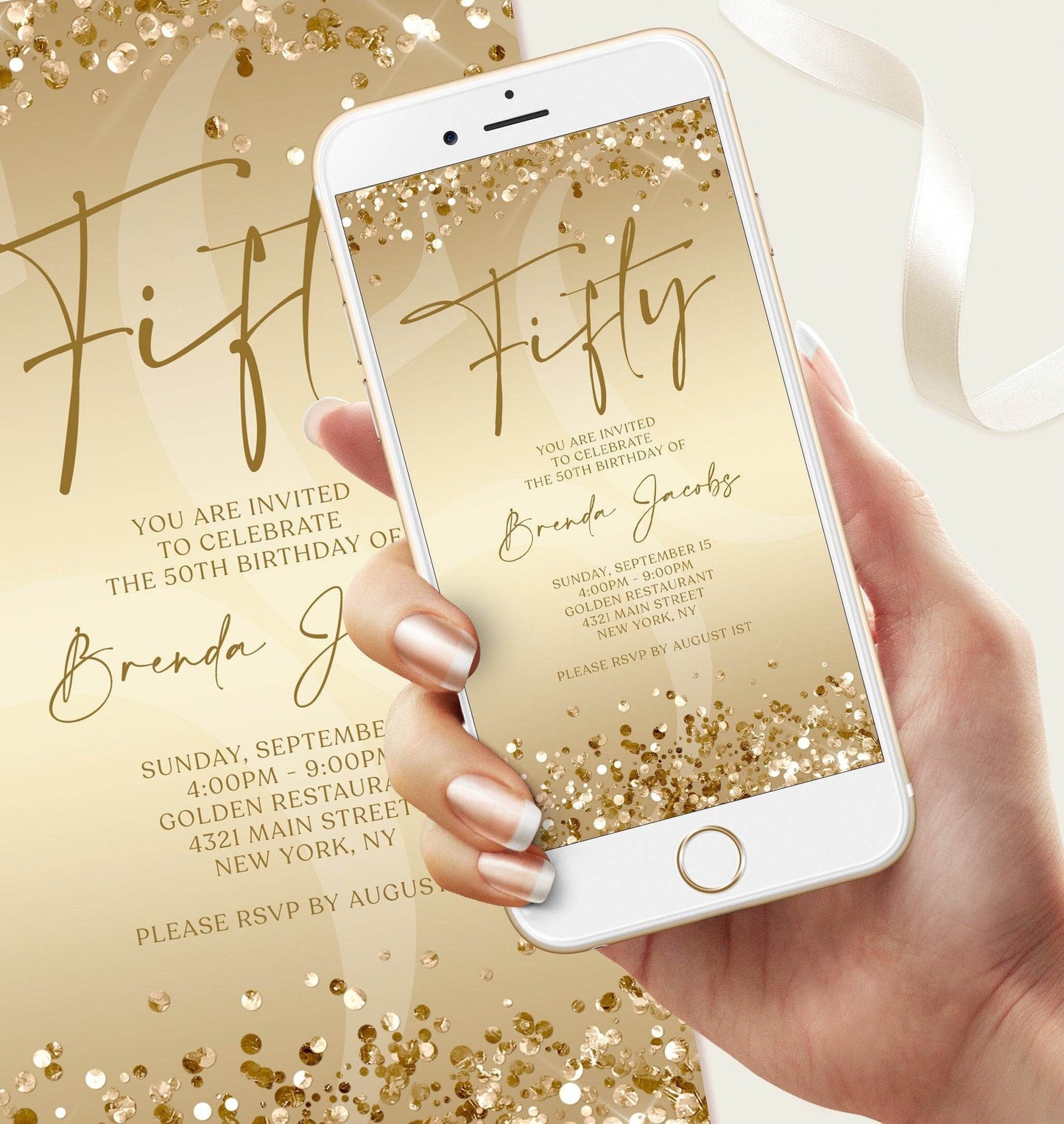 Gold 50th Birthday Invitation Digital Template, Electronic Gold Confetti Birthday Evite, Editable Text Message Phone Invite, Instant Download