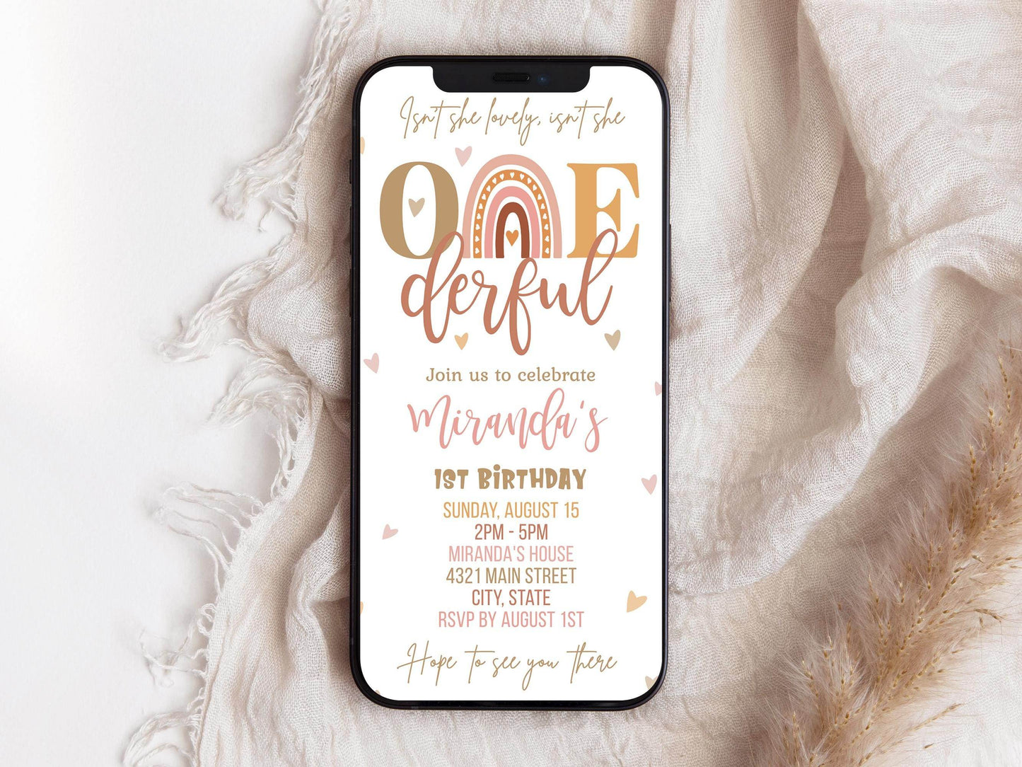 Boho “Onederful” First Birthday Invitation Template – Digital Girl Rainbow Birthday Evite | Editable Electronic 1st Birthday Party Invite | Instant Download