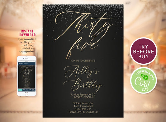 35th Birthday Invitation Template, Black Gold Birthday Invite Women, Any Age, Editable Adult Invitation, Thirty Five Invite Instant Download