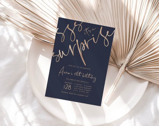 Printable Shhh it's a surprise Birthday Invitation Template, 40th Forty Navy Gold Birthday Party Invite, DIY Editable Invitation Template