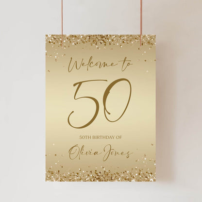 50th Birthday Welcome Sign – Printable Gold Foil Party Poster – Editable Modern Template – Digital Sign Banner Download