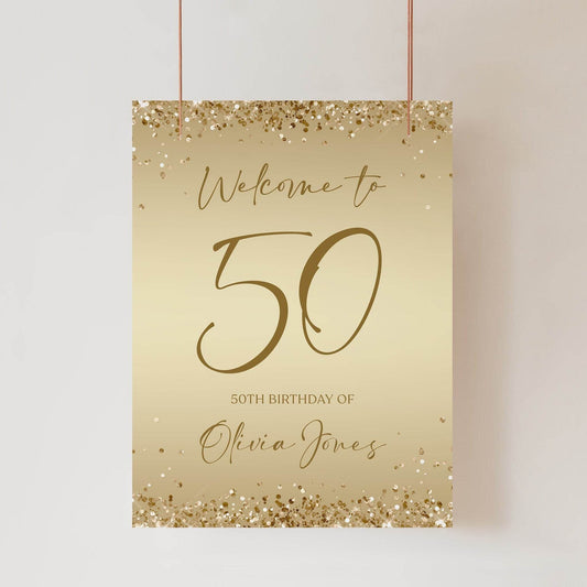 50th Birthday Welcome Sign – Printable Gold Foil Party Poster – Editable Modern Template – Digital Sign Banner Download