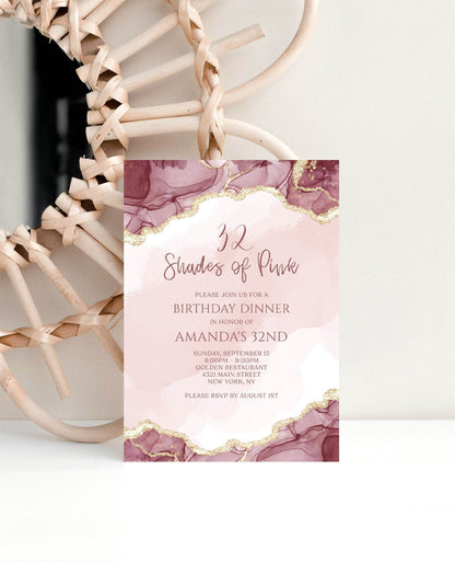 Editable Shades of Pink and Gold Birthday Dinner Invitation Template, Agate Design Printable Woman Birthday Invite, DIY Email Text Message Evite