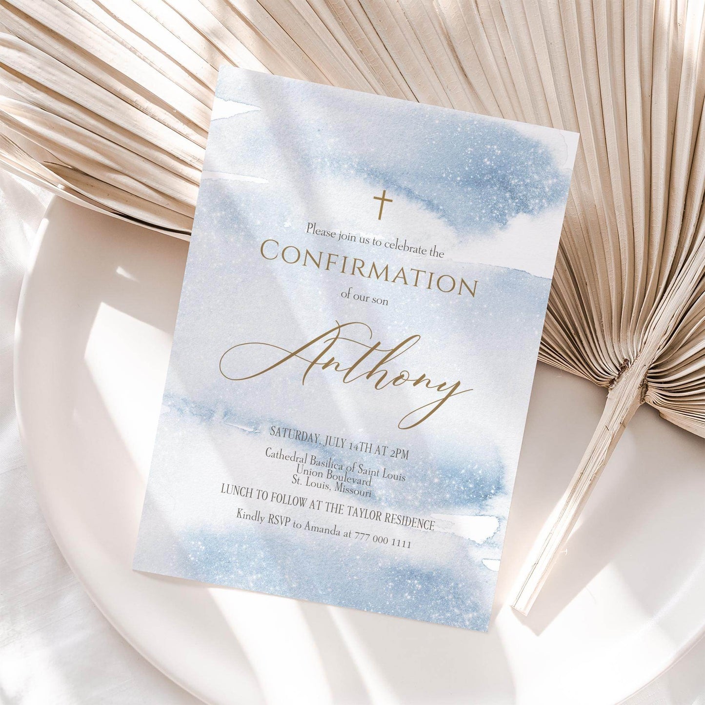 Boy Confirmation Invitation Template Printable , Blue Gold Watercolor Confirmation Invite, Editable Confirmation Card, Email Text Message