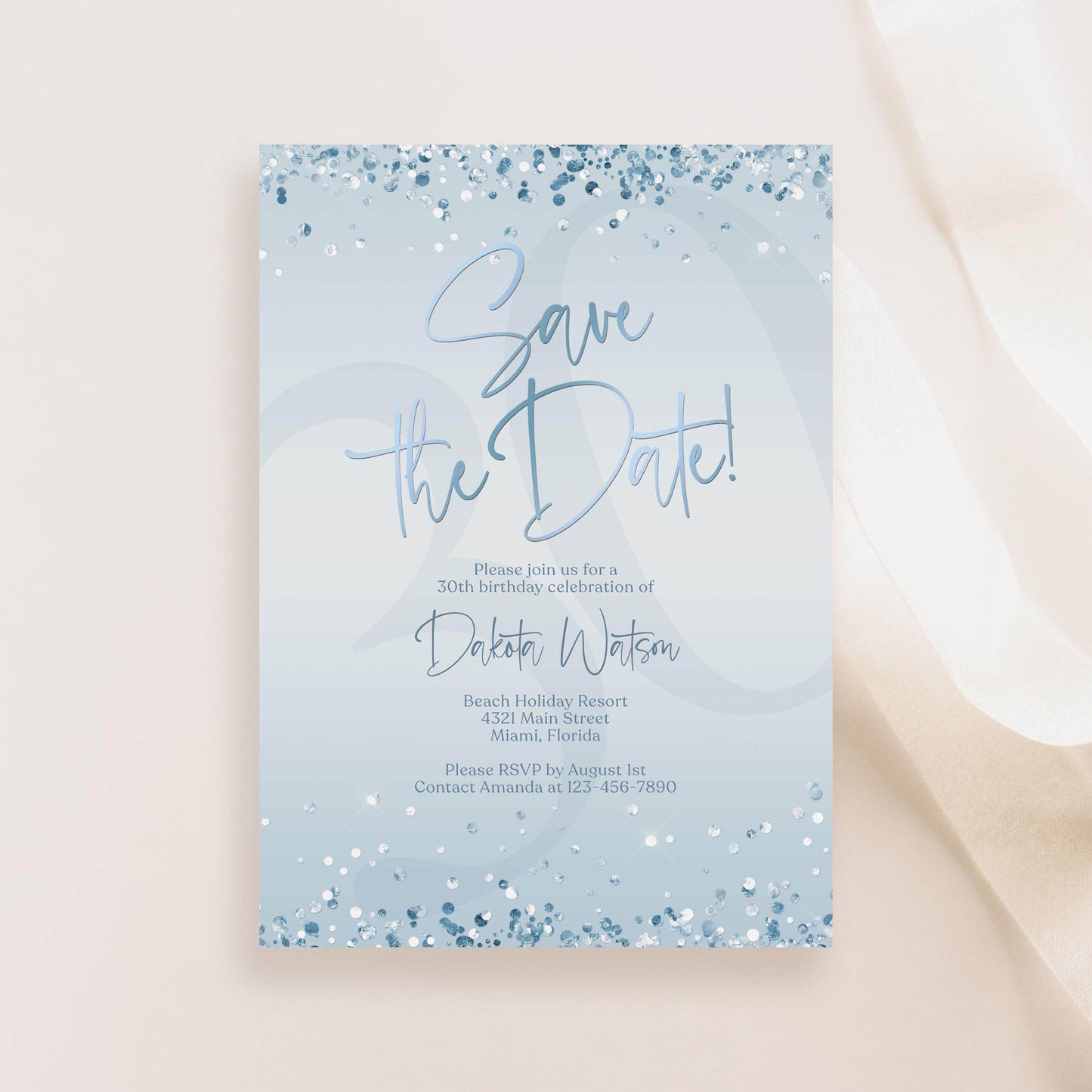 Blue Save the Date Invitation Template | Editable Blue & Silver Birthday Party Invite | Printable Any Age Digital Card | Email or Text Message Evite