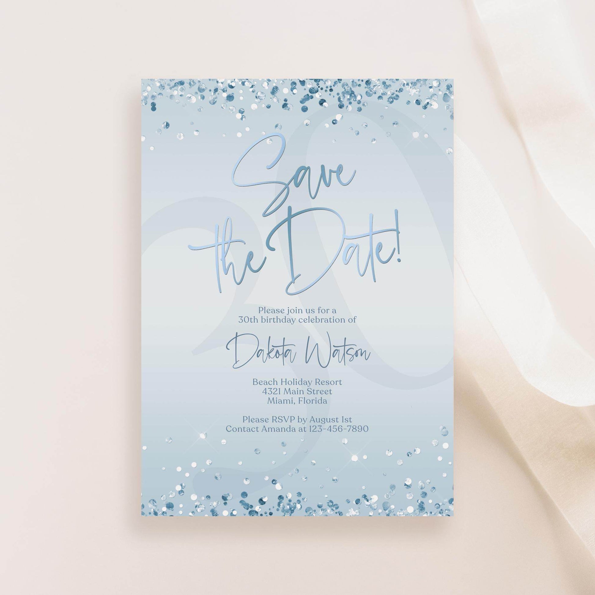 Blue Save the Date Invitation Template | Editable Blue & Silver Birthday Party Invite | Printable Any Age Digital Card | Email or Text Message Evite