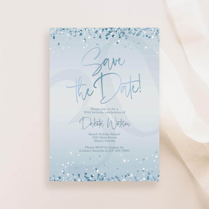 Blue Save the Date Invitation Template | Editable Blue & Silver Birthday Party Invite | Printable Any Age Digital Card | Email or Text Message Evite