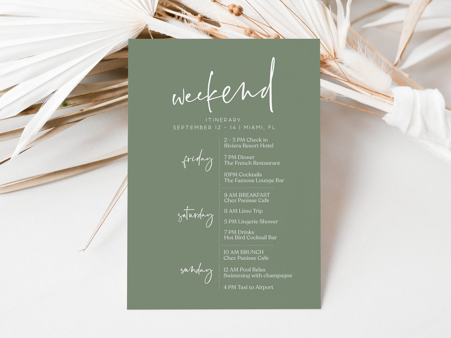 Printable Simple Itinerary Template, Sage Green Editable Hens Party Weekend Itinerary, Bachelorette, Minimalist Birthday Weekend Itinerary