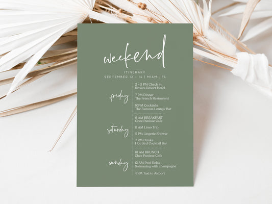 Printable Simple Itinerary Template, Sage Green Editable Hens Party Weekend Itinerary, Bachelorette, Minimalist Birthday Weekend Itinerary