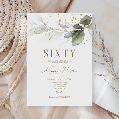 Editable Sixty 60th birthday Invitation Card Template, Printable Greenery Gold Leaves Birthday Invite, Digital Template, Email Text Message