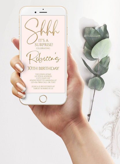 Shhh it's a surprise Electronic 30th birthday text invitation template, Gold Foil Any Age editable birthday invite, Digital, DIY Phone Evite