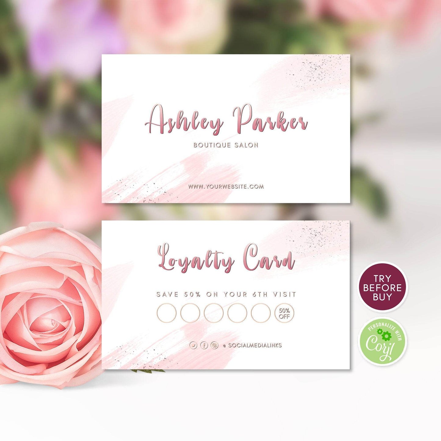 Pink Watercolor Editable Loyalty Card Template, Printable Beauty Business Reward Card, Customer Loyalty Punch Card, Instant Download