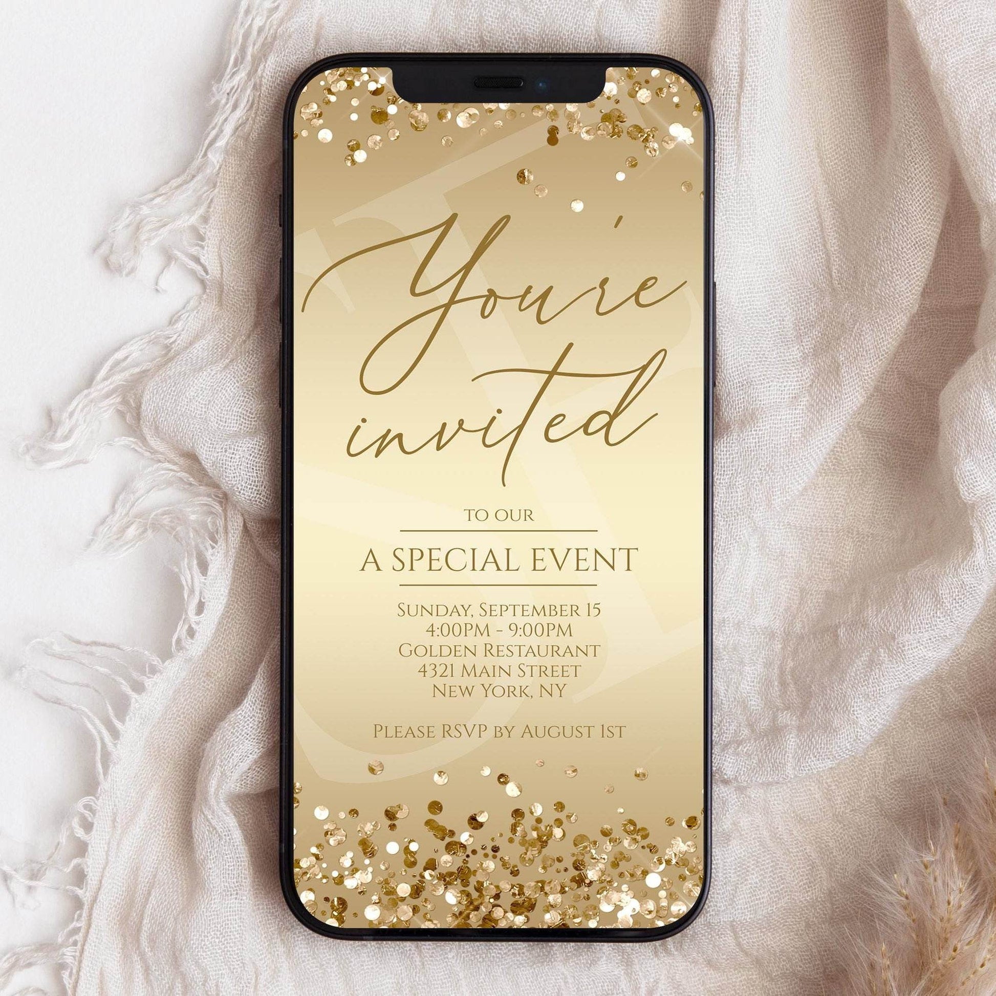 Digital Gold You're Invited Invitation | Business Phone Text Message Invite Template | Editable Electronic Luxury Evite | Special Event Invitation