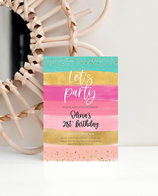 Let’s Party Invitation, Printable Rainbow Birthday Invite, Gold Confetti Party Invitation, Editable Kids or Adult Birthday Template Download