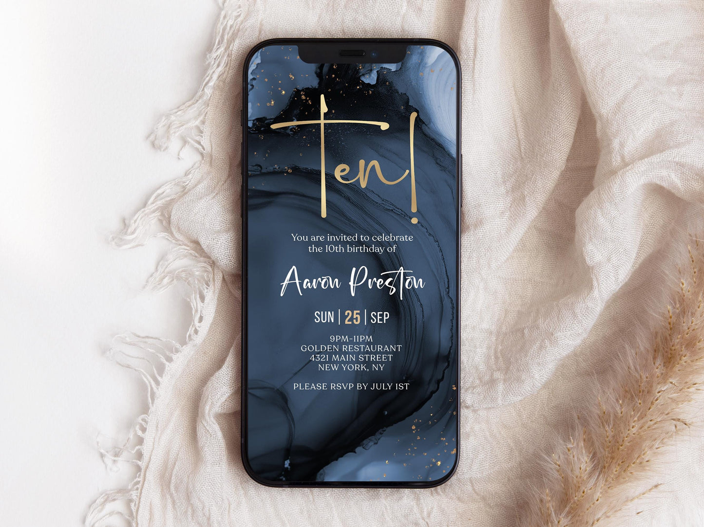 Blue Navy Gold 10th Birthday Invitation | Digital Boy Birthday Party Invite | Editable Text Message Evite | Instant Download