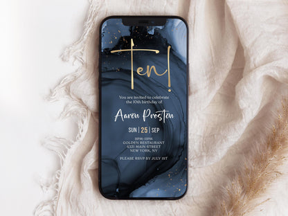 Blue Navy Gold 10th Birthday Invitation | Digital Boy Birthday Party Invite | Editable Text Message Evite | Instant Download