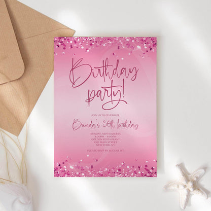 Pink 30th Birthday Invitation Template – Editable Hot Pink Fuchsia Party Invite | Printable Digital Birthday Card | Instant Download