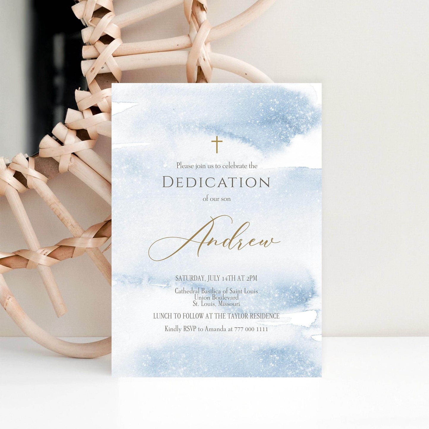 Boy Dedication Invitation Template, Printable Blue Gold Watercolor Invite, Editable Baptism Evite, Digital Baby Blessing Card, Instant Download
