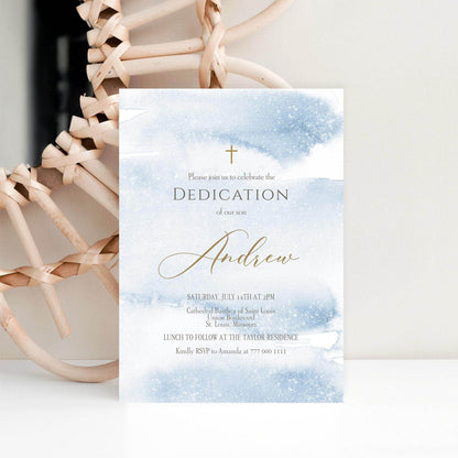 Boy Dedication Invitation Template, Printable Blue Gold Watercolor Invite, Editable Baptism Evite, Digital Baby Blessing Card, Instant Download