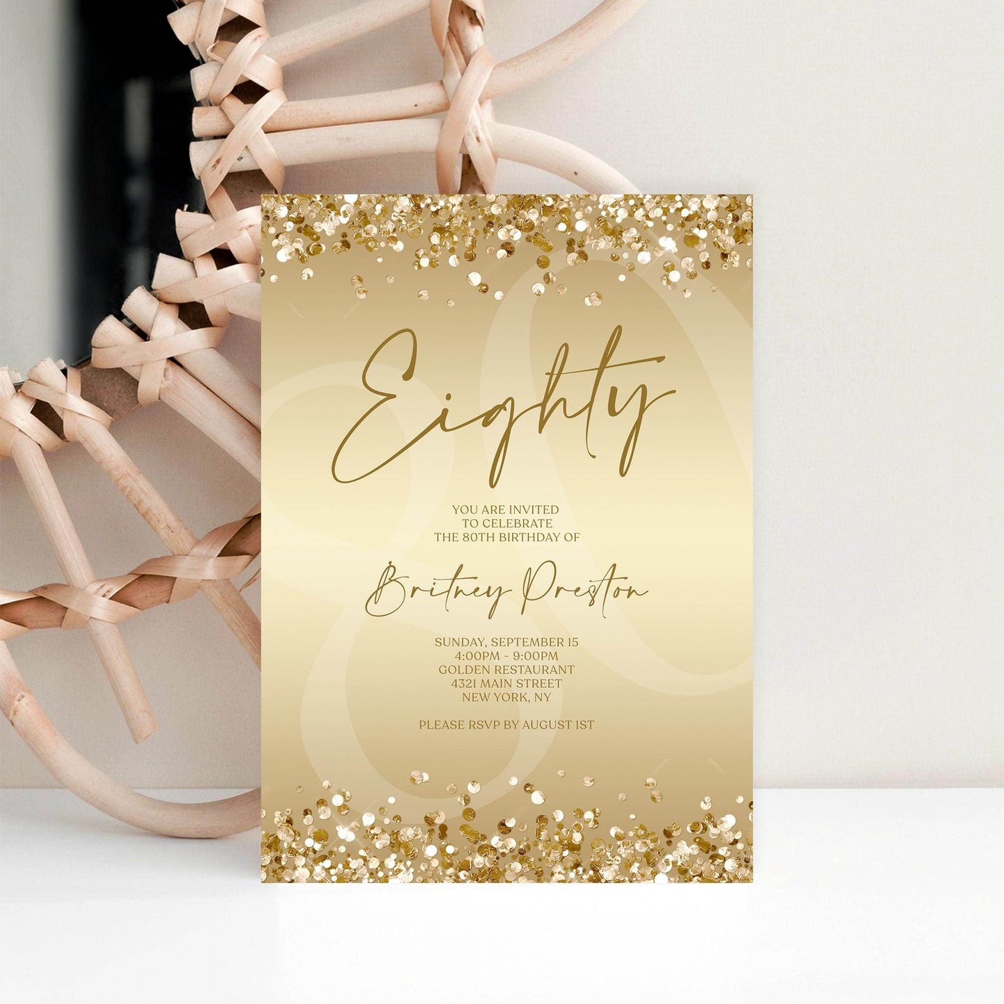 Gold 80th Birthday Invitation Template, Editable Gold Confetti Printable Invite, Surprise Party Card, Digital Text Message Evite