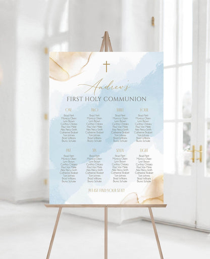 First Holy Communion Seating Chart Sign Template, Blue Gold Seating Chart, Editable Seating Chart, Boy First Communion Seating Sign Poster