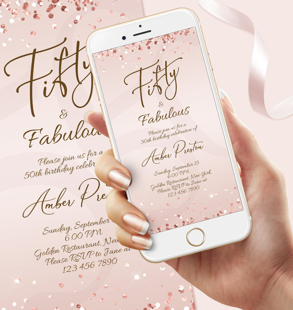 Fifty and Fabulous Dinner Party Invitation, Editable Rose Gold 50th Birthday Template for Women, Ladies Electronic Text Message Evite, Instant Download