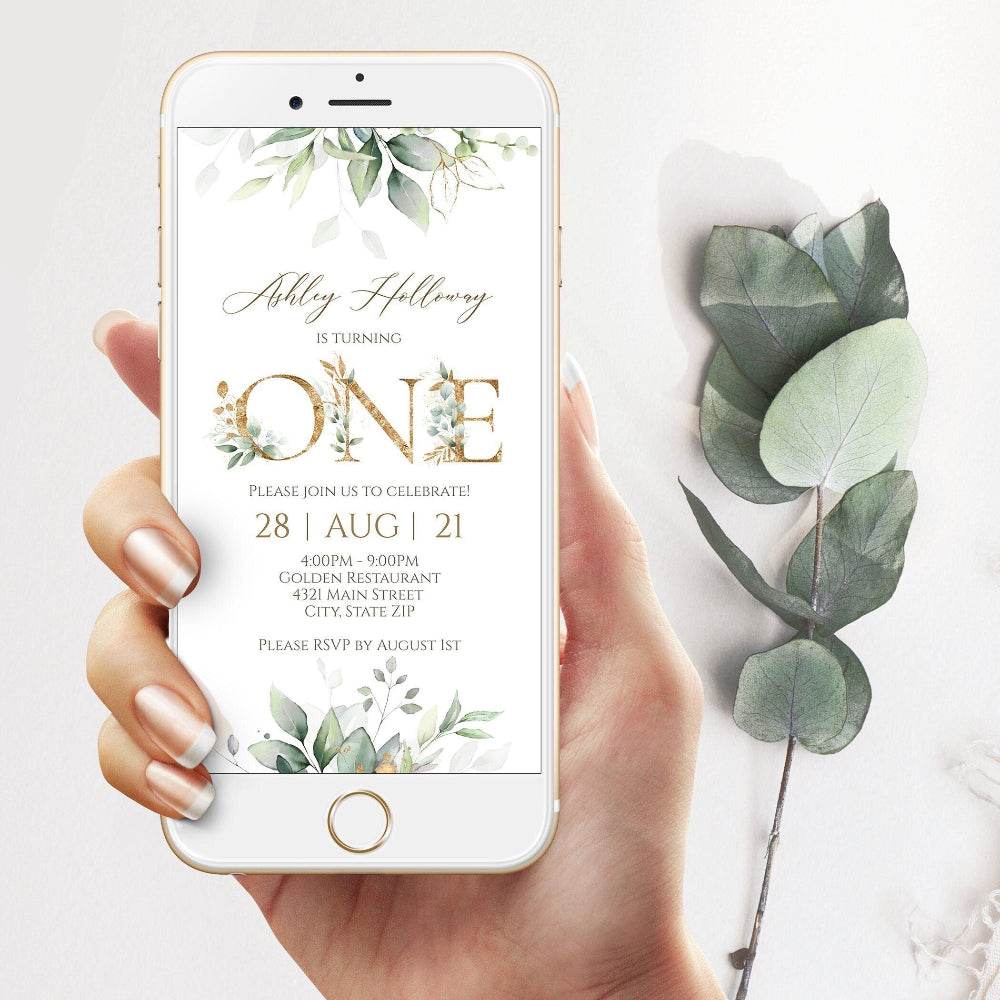 Electronic First Birthday Invitation, Gold Foil One Birthday Evite, Editable Smartphone Text Message Invite, Digital First Birthday Template