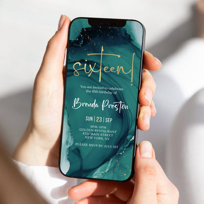 Digital Teal 16th Sixteen Birthday Invitation Template, Electronic Sixteen Party Invites, Editable Boy or Girl Invite, Text Message Evite