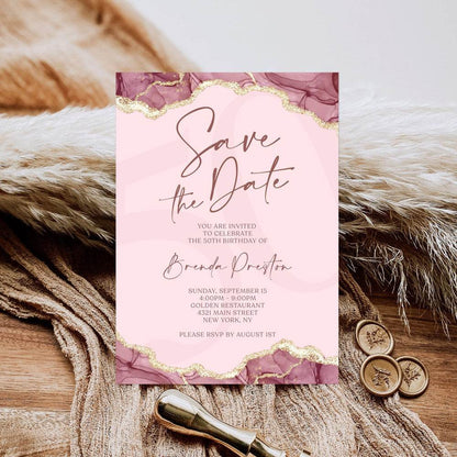 Save the Date Birthday Invitation Template, Editable Burgundy Gold & Pink Luxury Invite, Digital Text-Message Evite, Instant Download