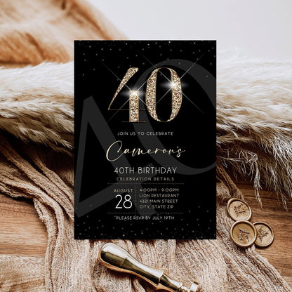 Luxury 40th Forty Birthday Invitation Template, Printable Black Gold Men's Invite, Editable Invitation, Elegant Invite, Email Text Message