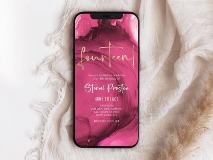 Fuchsia Pink Gold 14th Birthday Invitation Template | Editable Digital Invite for Teen Girls