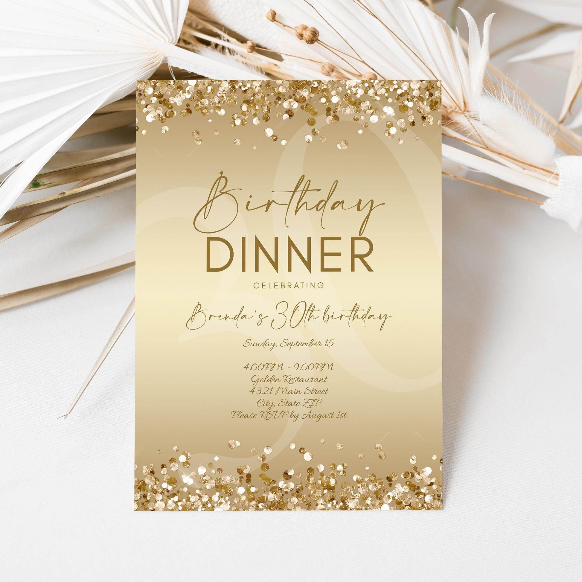 Gold Birthday Dinner Invitation Template Printable, Editable Gold Birthday Dinner Invite, Any Age Birthday, Email Text Message Invitation