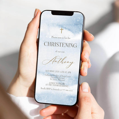 Boy Christening Invitation Template | Blue Watercolor Baptism Evite | Editable Digital Invite | Gold Christening Text Message Evite | Instant Download