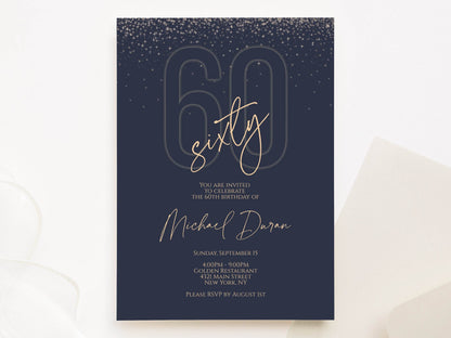 Printable Blue & Gold 60th Birthday Invitation – Editable Navy Digital Evite | Men's DIY Email or Text Message Invite Template