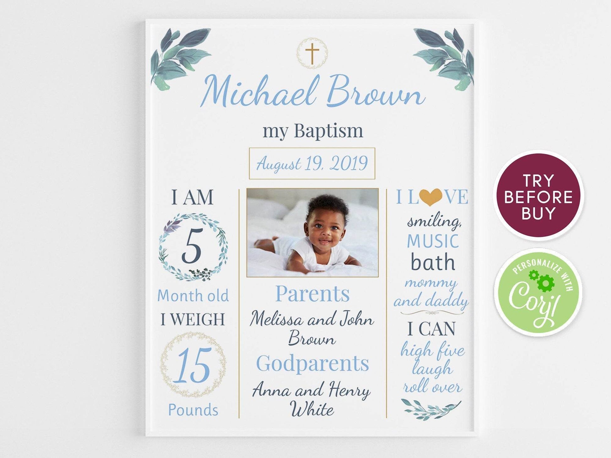 Baptism Milestone Sign, Blue Greenery Baptism Chalkboard Sign, Gold Baptism Decorations, Baptism Poster Boy Baptism Board Printable Editable