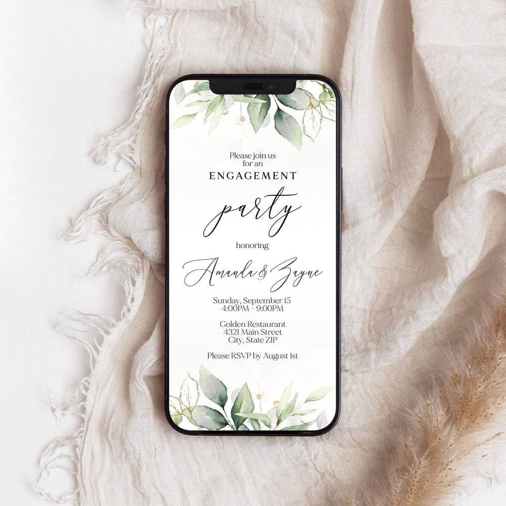 Greenery Engagement Invitation – Editable Gold Eucalyptus Digital Evite – Text Message or Email Card – Eco-Friendly Instant Download