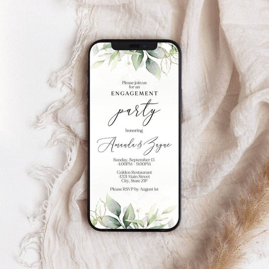 Greenery Engagement Invitation – Editable Gold Eucalyptus Digital Evite – Text Message or Email Card – Eco-Friendly Instant Download