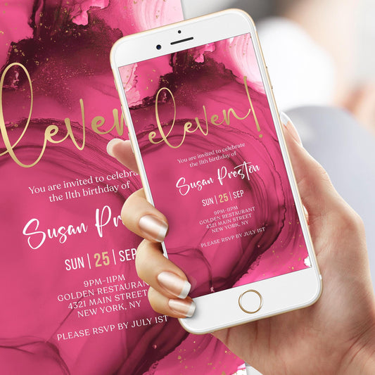 Pink Fuchsia Gold 11th Birthday Invitation | Digital Girl Birthday Party Invite | Editable Text Message Evite | Instant Download