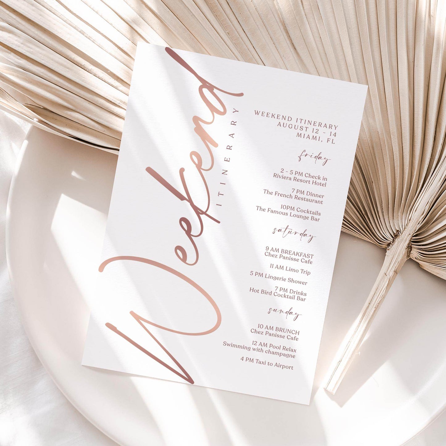 Editable Rose Gold Weekend Itinerary Template – Printable Birthday, Anniversary, or Hen Party Schedule | Digital Download | Email or Text Message Friendly