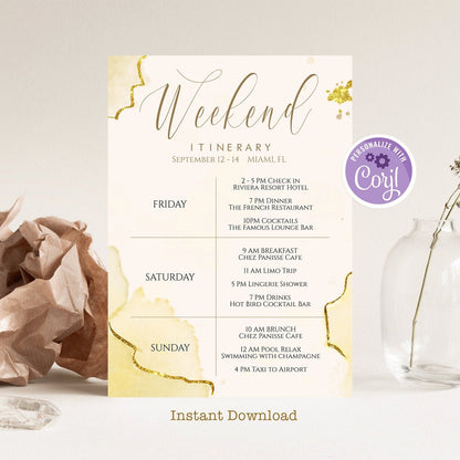 Printable Weekend Itinerary Invitation Card Template - Watercolor Design