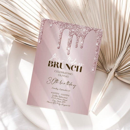 Rose Gold Birthday Brunch Invitation – Editable Glitter Invite Template – Printable Luxury Birthday Card – Instant Digital Download