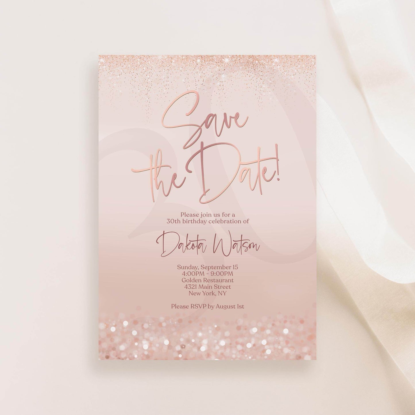 Save the Date Birthday Invitation Template | Editable Pink Rose Gold Invite | Any Age Digital Card | Email or Text Message Evite | Instant Download