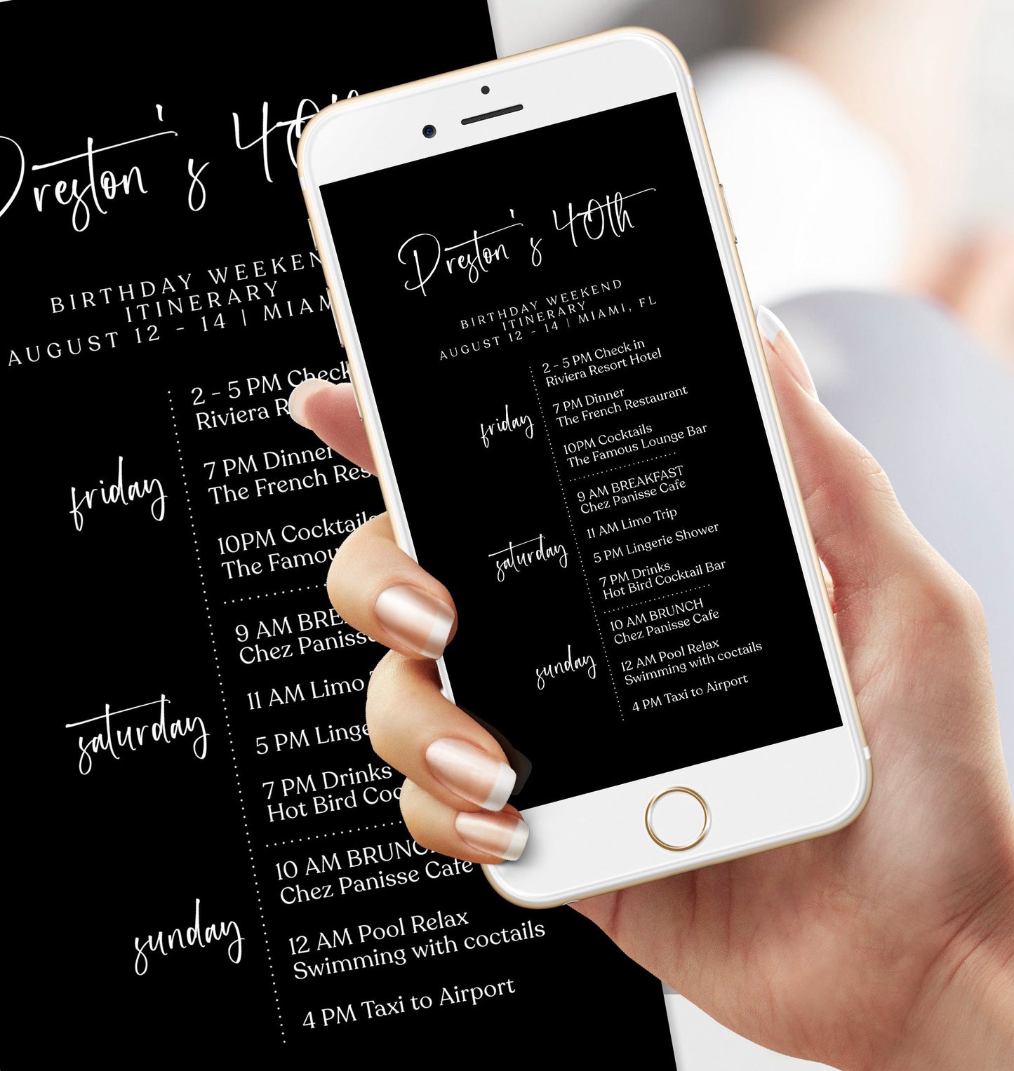 Editable Black 40th Birthday Weekend Itinerary | Digital Forty Birthday Itinerary Template | Simple Birthday Weekend Evite | Instant Download