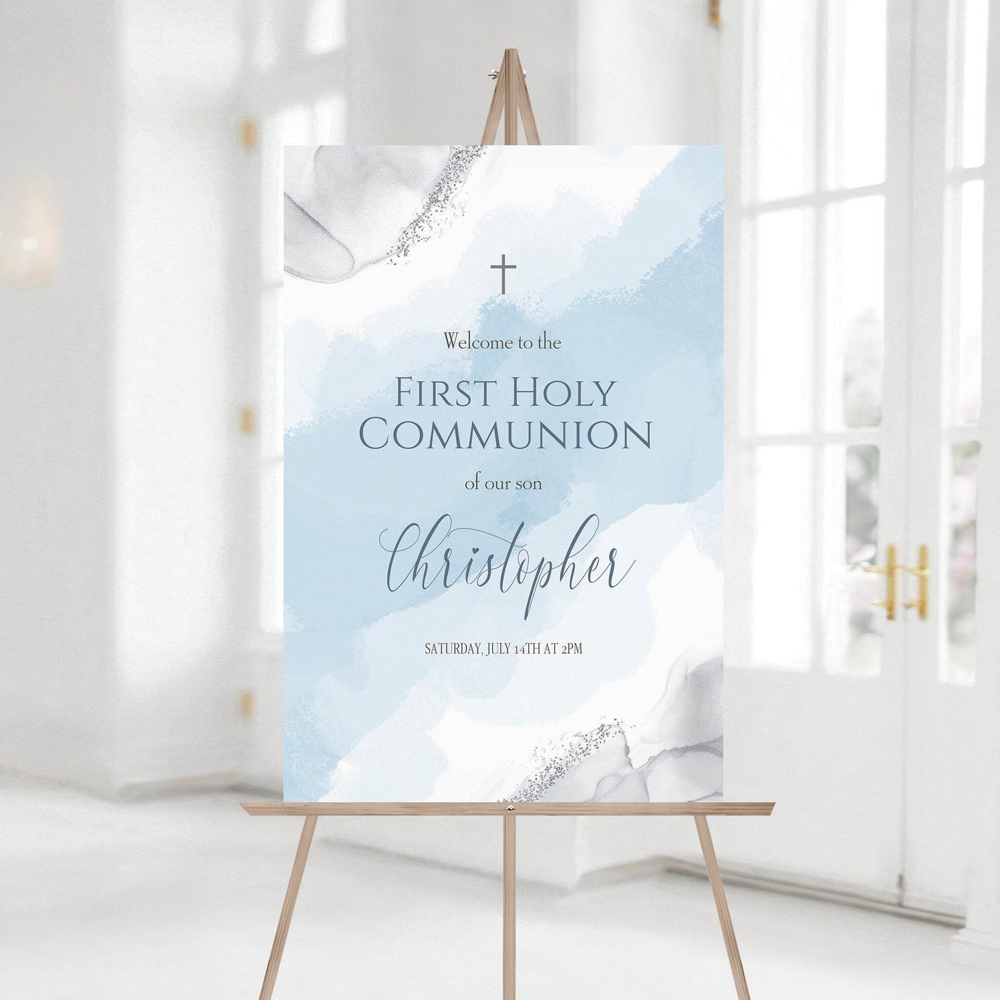 Blue Silver First Communion Welcome Sign, Boy Baptism Welcome Poster, Printable Watercolor Sign, Editable Template, Instant Download