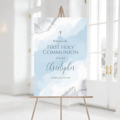 Blue Silver First Communion Welcome Sign, Boy Baptism Welcome Poster, Printable Watercolor Sign, Editable Template, Instant Download